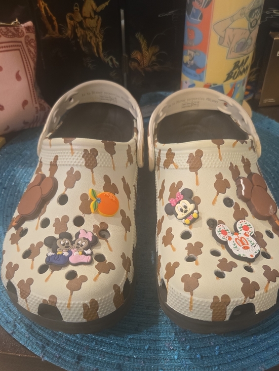 CROCS Shoes - CROCS  White Clog Sandals with Brown Mickey Print and Charms
